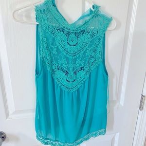 Turquoise Lace Front Sheer Top
